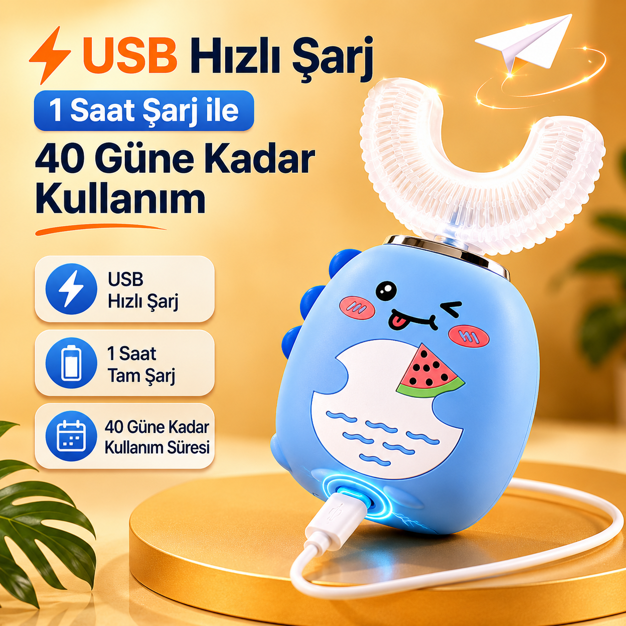 Şarjlı Ultrasonik 3 Modlu U Dizayn Çocuk Diş Fırçası